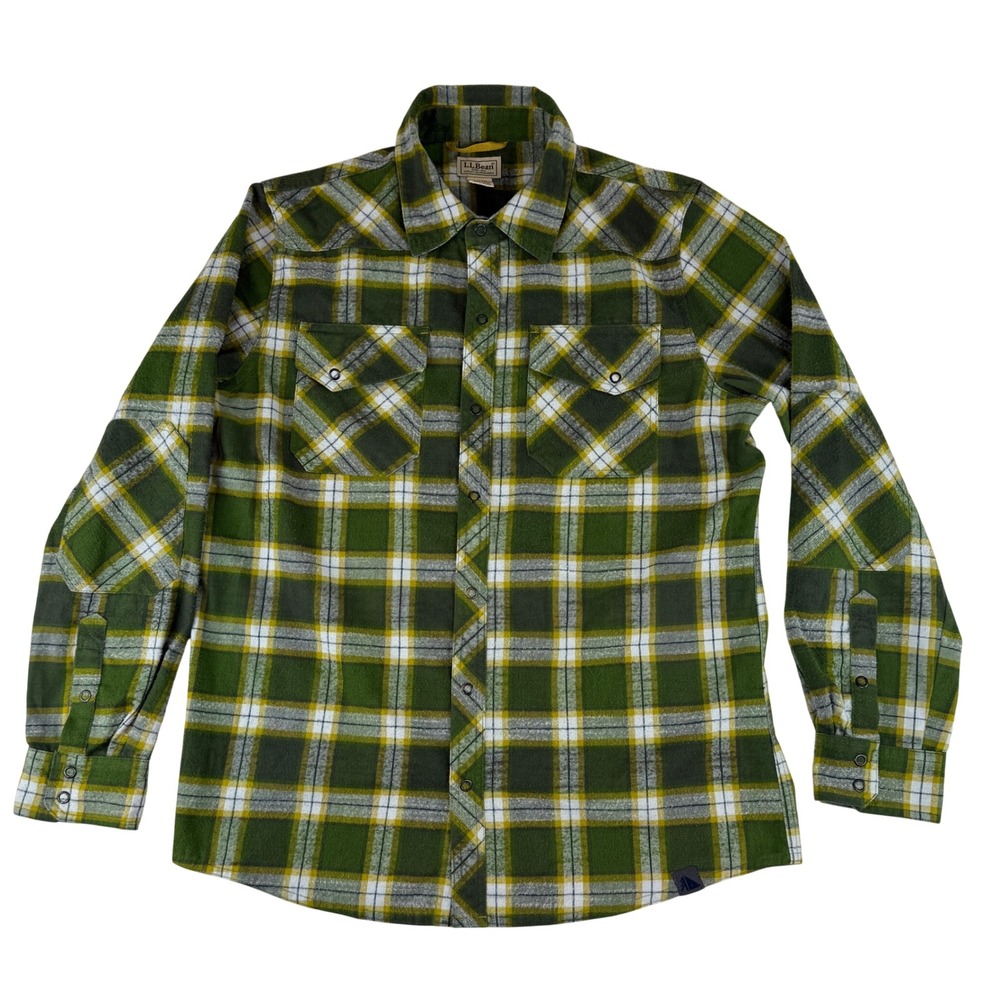 LL Bean Flannel Shirt Mens M Green Yellow Plaid Wool Blend Snap Front 298102